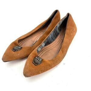 Brooks Brothers Owl Suede Flats 9.5 Tan Beige Brown Jewel Gold Prep